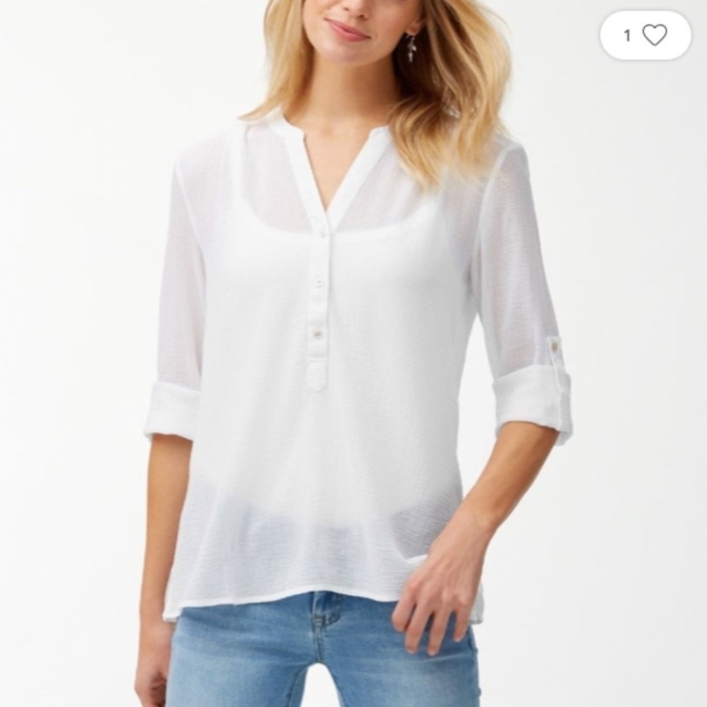 Tommy Bahama Cotton Gauze Tunic Top Womens Medium White Roll Tab Sleeve Coastal
